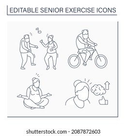 Senior Exercise Line Icons Set. Physical Activity. Cycling, Dancing, Stress Reliever, Healthy Lifestyle. Training Concept. Isolated Vector Illustration. Editable Stroke