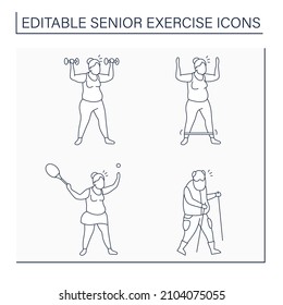 Conjunto de iconos de la línea de ejercicio superior. Actividad física. Tenis, senderismo escandinavo, stretching. Concepto de capacitación. Ilustración vectorial aislada. Trazo editable