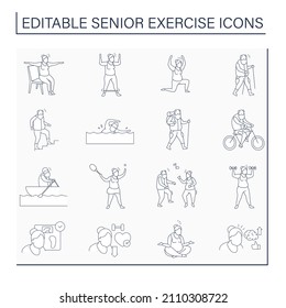 Senior exercise line icons set. Physical activity. Cardio workout. Keeps muscle in tonus. Training concept. Isolated vector illustration. Editable stroke