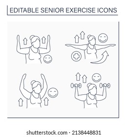 Conjunto de iconos de la línea de ejercicio superior. Actividad física, enfermedades de prevención. Agradable entrenamiento. El concepto de vida deportiva. Ilustración vectorial aislada. Trazo editable