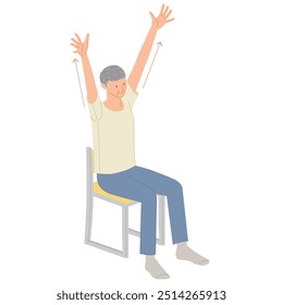 Senior exercise: A man sitting on a chair and stretching with his arms raised (Banzai pose)