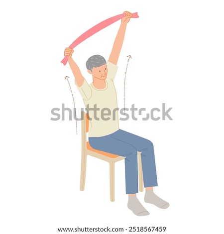 Senior exercise: A smiling man stretches by lifting a towel with both hands while sitting on a chair