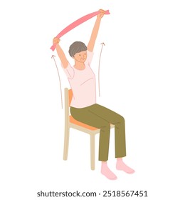 Senior exercise: A smiling woman stretches by lifting a towel with both hands while sitting on a chair