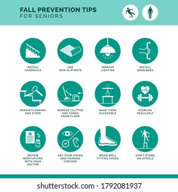 Senior Fall Prevention Tips Icons Set: Safe Home Improvements And Healthy Lifestyle Advices