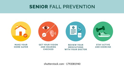 Senior Fall Prevention Tips Icons Set, Healthy Lifestyle Concept