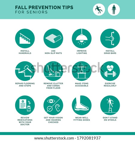 Senior fall prevention tips icons set: safe home improvements and healthy lifestyle advices
