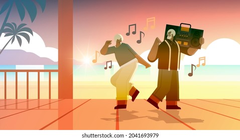 senior family with bass clipping blaster recorder dancing and singing africna american grandparents having fun