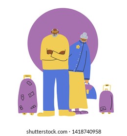 Senior family couple with suitcases. Retired travelling persons. Vector flat illustration.