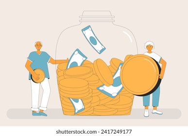 Senior family with money. Financial literacy for senior. Retirement savings. Finance for elderly people. Pension plan. Money jar for couple . Older adult with investment. Vector flat illustration.