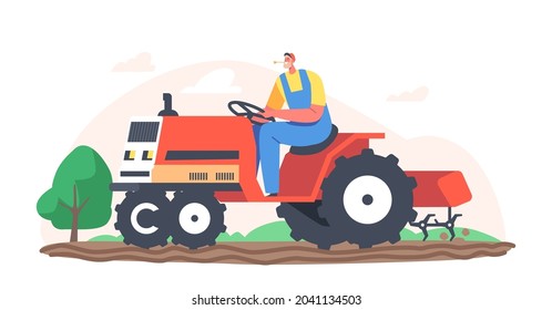Senior Farmer in Cap and Overalls Work on Tractor Plow the Land on Farm. Worker Male Character Agricultural Worker Prepare Field for Sowing Seeds, Agriculture Job. Cartoon People Vector Illustration