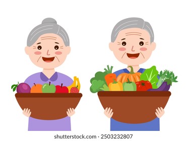 Senior farmer holding a basket of fresh fruits and vegetables in flat design.