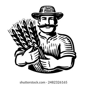 Senior farmer holding a bundle of wheat ears. Farm worker and organic grown food. Emblem, logo vector illustration