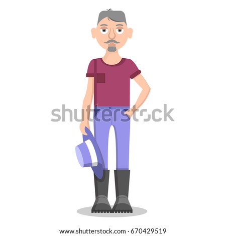 Senior farmer isolated on white stands and holds blue round hat. Vector illustration of agriculturist in violet t-shirt, black boots