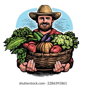 Senior farmer man holding basket with organic vegetables with garden. Farm food vector illustration