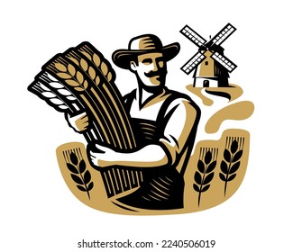 Senior farmer with wheat and agricultural fields, windmill. Organic farm food, bakery concept. Vector illustration