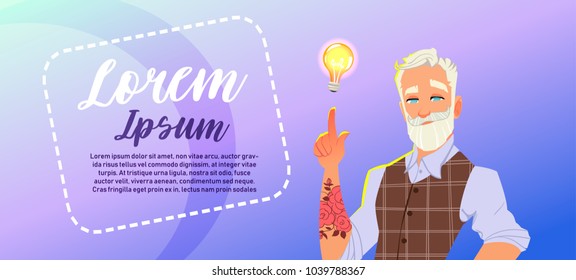 Senior fashion man Hold Light Bulb. Businessman having an idea. Background Horizontal Bannner