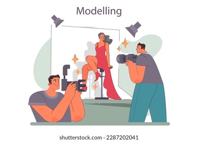 Modelo de moda senior. Las mujeres mayores representan ropa nueva en una sesión fotográfica. Influencia en la industria de la moda. Personas retiradas con un estilo de vida moderno y activo. Ilustración vectorial plana