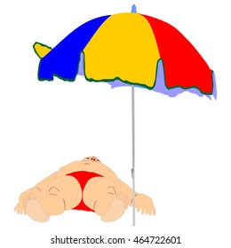 Senior Fat Man Sunbathing On The Beach Under Parasol, Vector Illustration. Big Boy Lying Down On Sand. Summer Time Activity.  Sun Protect Concept. 