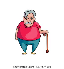 Senior fat old man with grey hair in wood walking stick