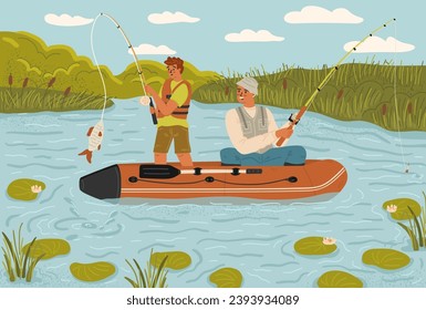 Senior father and adult son enjoying fishing hobby time together