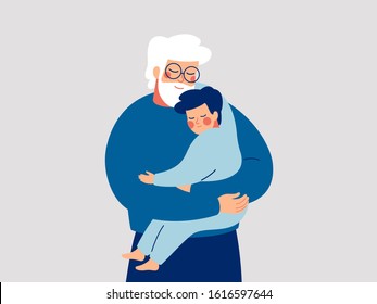 Senior father embraces his son with care and love. Happy Grandfather hugs his grandson. Happy Fathers Day concept with daddy and small boy. Vector illustration