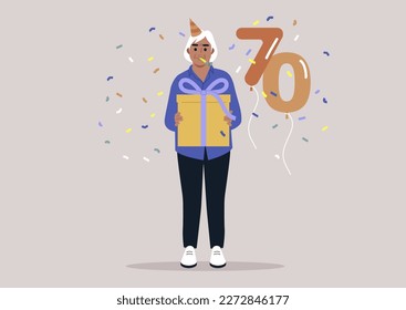 A senior female Caucasian character wearing a party cone hat, a birthday celebration, confetti and garlands hanging, 70 years old