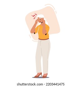 Senior Female Character Feeling Strong Head Ache, Old Woman with Pain Isolated on White Background. Health Problem, Migraine Disease Symptom, Sickness or Illness. Cartoon People Vector Illustration