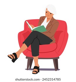 Senior Female Character Reading Sitting on Cozy Armchair Isolated on White Background. Elderly Woman Engrossed In Book, Captivated By Story Unfolding Before Her. Cartoon People Vector Illustration