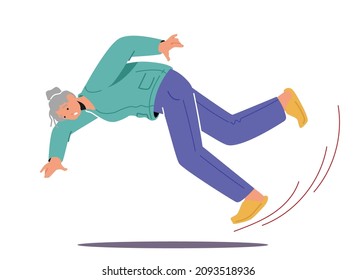 Senior Female Character Slip on Wet Floor or Puddle Falling Down on the Ground, Old Woman Clumsiness, Injury, Grandmother Carelessness Isolated on White Background. Cartoon People Vector Illustration