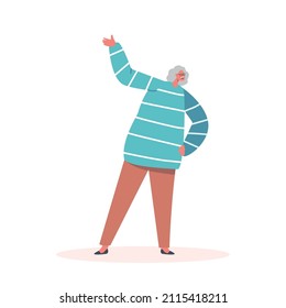 Senior Female Character Smile and Waving Hand Isolated on White Background. Elderly Woman Posing for Photography, Performing on Scene. Old Lady Greeting Somebody. Cartoon People Vector Illustration