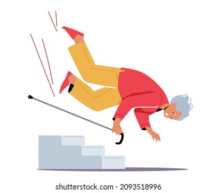 Senior Female Character with Walking Cane Slip on Stairs Falling Down on the Ground, Old Woman Clumsiness, Injury, Failure Isolated on White Background. Cartoon People Vector Illustration