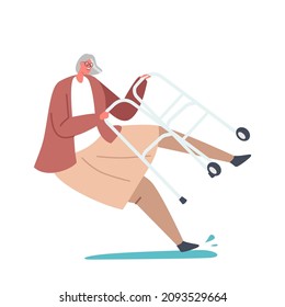Senior Female Character with Walking Frame Slip on Wet Floor or Puddle Falling Down on the Ground, Old Woman Clumsiness, Injury Isolated on White Background. Cartoon People Vector Illustration
