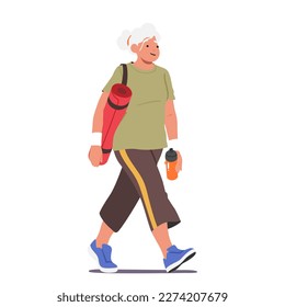 Senior Female Character With Yoga Mat Walking Towards A Gym. Woman's Determination To Lead A Healthy Lifestyle, Fitness Center, Yoga Class, And Wellness Program. Cartoon People Vector Illustration