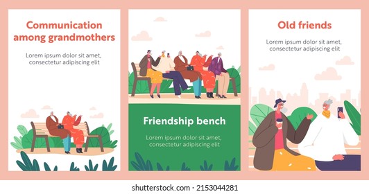 Senior Female Characters Communicate Banners. Grandmothers Sitting on Bench in Park Chatting, Share Gossips. Old Friends Drink Coffee, Use Mobile, Outdoor Sparetime. Cartoon People Vector Illustration