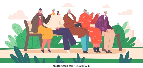 Senior Female Characters Group Sitting on Bench in Park or House Yard, Communicate, Chatting, Share Gossips. Old Friends Drink Coffee, Use Mobile, Outdoor Sparetime. Cartoon People Vector Illustration