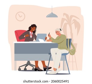 Senior Female Client Character Talking To Manager Or Analysts Of Credit Department In Bank Office. Worker Receptionist Providing Banking Services To Customer. Cartoon People Vector Illustration