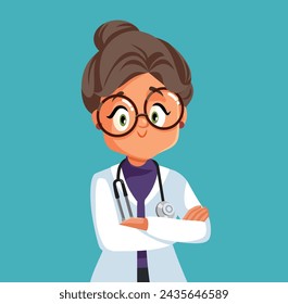 
Senior Female Doctor Standing with Arms Crossed Vector Character. Elderly medical professional smiling friendly greeting patients 
