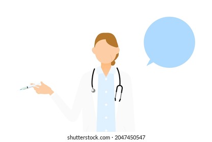 Senior female doctor in white coat holding syringe, vaccination pose (with speech bubble)