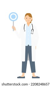 Senior female doctor in white coat holding circle stick, matching pose