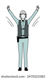 Senior female engineer in helmet and work wear doing radio calisthenics, preparation for accident prevention, Vector Illustration