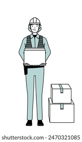 Ingeniera senior femenina en casco y ropa de trabajo trabajando para llevar cajas de cartón, Ilustración vectorial