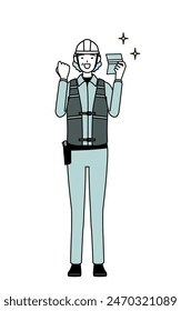 Senior female engineer in helmet and work wear who is pleased to see a bankbook, Vector Illustration