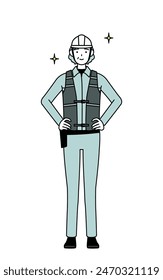 Senior female engineer in helmet and work wear with her hands on her hips, Vector Illustration