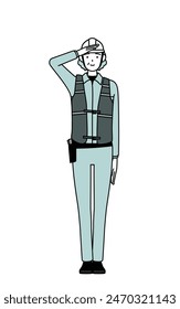 Ingeniera sénior femenina en casco y ropa de trabajo haciendo un saludo, Ilustración vectorial