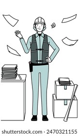 Senior female engineer in helmet and work wear who is fed up with her unorganized business, Vector Illustration