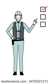 Senior female engineer in helmet and work wear pointing to a checklist, Vector Illustration