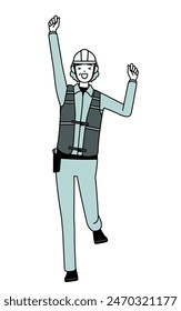 Senior female engineer in helmet and work wear smiling and jumping, Vector Illustration