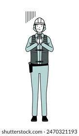 Senior female engineer in helmet and work wear apologizing with her hands in front of her body, Vector Illustration