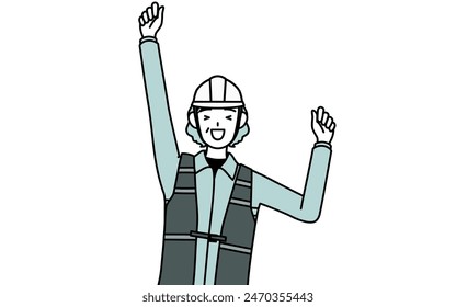 Senior female engineer in helmet and work wear smiling and jumping, Vector Illustration
