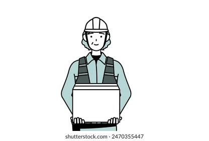 Senior female engineer in helmet and work wear working to carry cardboard boxes, Vector Illustration